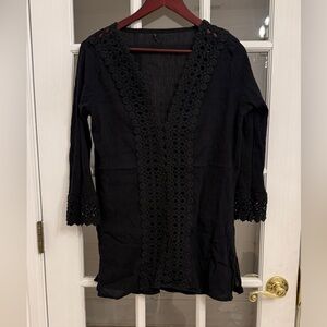 RAVIVA Women’s Black Embroidered V-Neck Long Sleeve Coverup Size M